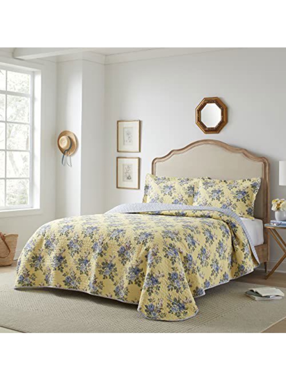 Laura Ashley Yellow Floral Quilt with Blue Blooms